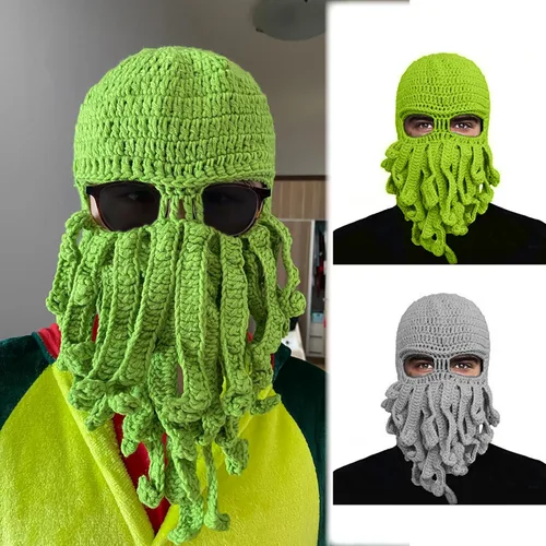 Vista 7 de TRIWONDER Sombrero de barba de punto, divertido gorro de invierno, pulpo, máscara facial, disfraz de Halloween para hombres y mujeres, esquí