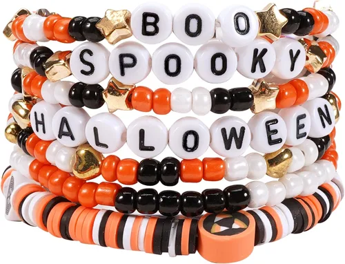 Vista 14 de Ardorchid Pulseras de Halloween para Mujeres Calabaza Fantasma Esqueleto Murciélago Calavera con Cuentas Apilables Elásticas Rugby Acción de Gracias