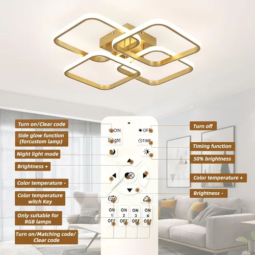Vista 6 de CANEOE Lámpara de techo LED dorada moderna de 4 cuadrados, regulable, control remoto, montaje empotrado cuadrado, iluminación