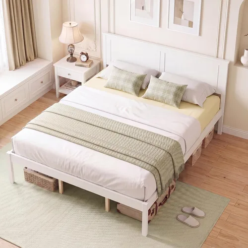 Vista 10 de GIANTEX Marco de cama de madera individual con cabecero, plataforma moderna de mediados de siglo con soporte de listones de madera, base de colchón