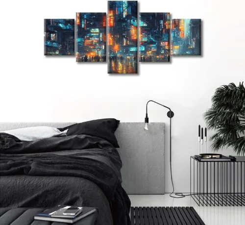 Vista 220 de Cuadros de 5 paneles de Cyberpunk City, arte de pared, representación de vallas publicitarias, edificios modernos en la capital con obras de arte