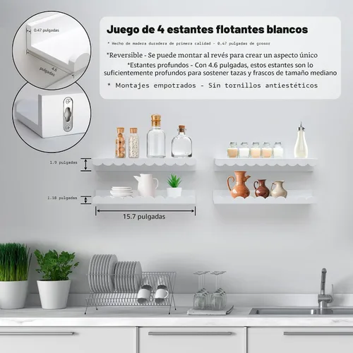 Vista 4 de Estantes festoneados, juego de 4 estantes flotantes blancos premontados de 15.6 pulgadas, estante festoneado para libros para habitaciones de niños