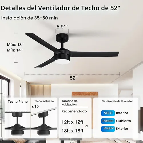 Vista 2 de cumilo Ventiladores de techo inteligentes de 52 pulgadas con luz y control remoto, luces LED regulables, motor de CC silencioso, control a través