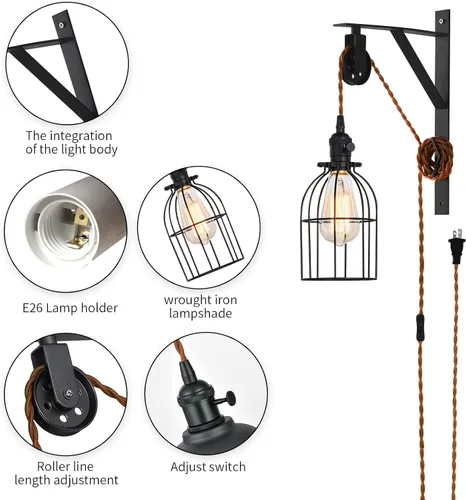 Vista 4 de Lámpara colgante enchufable, lámpara de pared con polea de granja con cable e interruptor de enchufe marrón de 7 pies, lámparas colgantes