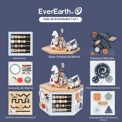 Vista 4 de EverEarth Cubo de actividades de madera con laberinto de cuentas, cubo de actividades espaciales para niños de 1 a 3 años, multijuego, aprendizaje