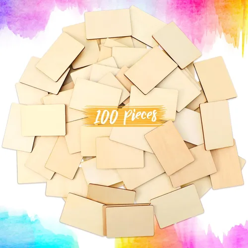 Vista 2 de 100 piezas de rectángulos de madera para manualidades, piezas de madera en blanco de 3 x 2 pulgadas, piezas de madera en blanco sin terminar