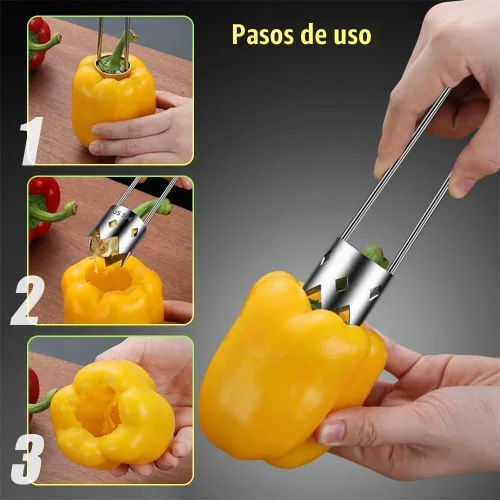 Vista 3 de Herramienta de extracción de semillas de pimienta, descorazonador de frutas de acero inoxidable mejorado 2026, cortador de frutas reutilizable A1