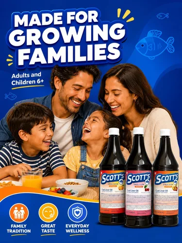 Vista 2 de SCOTT'S EMULSION Aceite de hígado de bacalao líquido para niños, sabor a cereza, apoya el crecimiento, la inmunidad y la salud ósea, rico en omega 3
