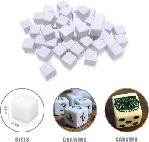 Vista 2 de 48 dados blancos en blanco de 0.630 in para juegos de mesa, bricolaje, diversión y enseñanza
