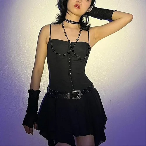 Vista 2 de Vestido vintage de encaje para mujer, con tirantes delgados, estético, punk, grunge, vestido de hada, E-Girl, talla única