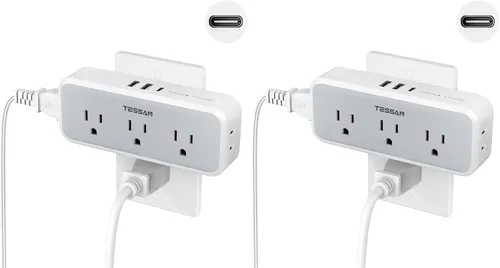 Vista 6 de TESSAN Extensor de enchufe múltiple, cargador de pared USB C, protector de Gris