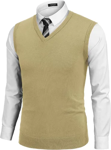 Vista 24 de COOFANDY Suéter sin mangas para hombre, chaleco con cuello en V, jersey de algodón sólido Azul claro