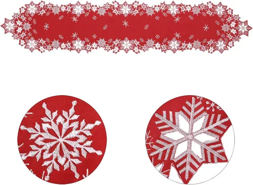 Vista 4 de Caminos de mesa bordados con copos de nieve para Navidad e invierno (rojo, 14 x 34 pulgadas)