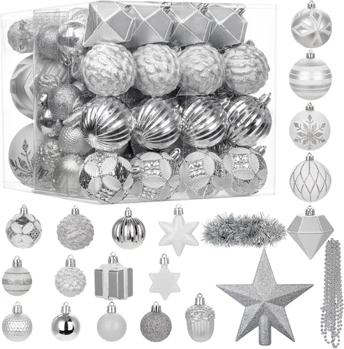 Vista 7 de 100 piezas de juego de adornos de Navidad azul y blanco – Kit de bolas de decoración de árbol de Navidad inastillables con estrella de copa