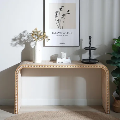 Vista 9 de Mesa consola blanca moderna de 59 pulgadas con cuentas de madera, mesa de entrada de madera rústica con estilo cascada curva, mesa de sofá de granja