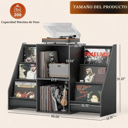Vista 6 de Soporte para Reproductor de Discos, Soporte para Tocadiscos con Almacenamiento para 300 Discos de Vinilo, Mesa para Reproductor de Discos