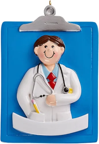 Vista 2 de Adorno personalizado para árbol de Navidad 2023 para trabajadores de la salud – Portapapeles de médico masculino, adorno personalizado – Recuerdo