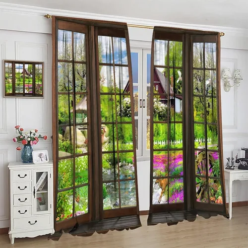 Vista 207 de Cortinas de paisaje, ventana 3D, primavera, bosque, vida silvestre, paisajes de naturaleza, dormitorio, sala de estar, cortinas térmicas opacas de 2