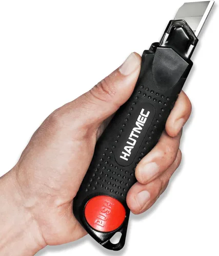 Vista 5 de HAUTMEC Cuchillo utilitario de 18 mm con agarre suave y bloqueo automático con interruptor de seguridad rojo, cortador resistente con hoja negra