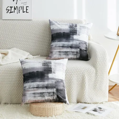 Vista 3 de chiinvent Juego de 2 fundas de almohada abstractas de terciopelo blanco y negro, fundas de almohada modernas, color gris, suaves, elegantes