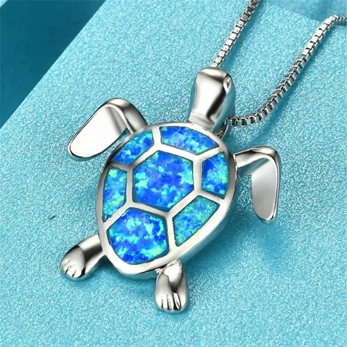 Vista 7 de Juego de collar y aretes de tortuga marina de ópalo para mujeres y niñas, hipoalergénicos, delicados, lindos animales del océano, piedra natal azul