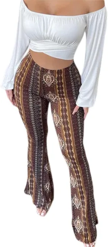 Vista 2 de FOMOYUU Pantalones acampanados con estampado bohemio para mujer, de cintura alta, elásticos, pantalones acampanados de talla grande, pantalones