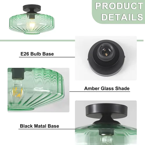 Vista 7 de Lámpara de techo de montaje semiempotrado, luces de techo de vidrio verde vintage de 11.8", lámpara de techo de 1 luz de estilo moderno de mediados