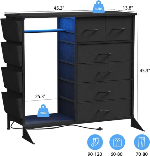 Vista 3 de Cómoda de 6 cajones para dormitorio con perchero para ropa, cómoda para ropa con bolsillos laterales y ganchos, estación de carga y luces LED, parte