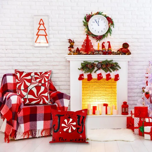 Vista 8 de Vellibring - Juego de 4 fundas de almohada de Navidad con diseño de caramelos, 45 x 45 cm, rojo y blanco, fundas de almohada para sofá, decoración