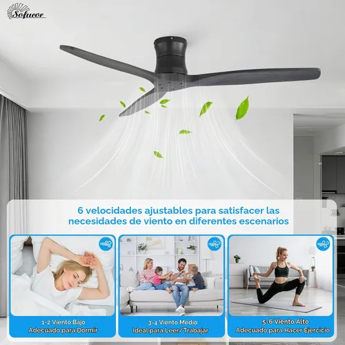 Vista 4 de Sofucor Ventilador de techo inteligente de 52 pulgadas sin luz, ventilador de techo de madera maciza de bajo perfil con control remoto, ventilador