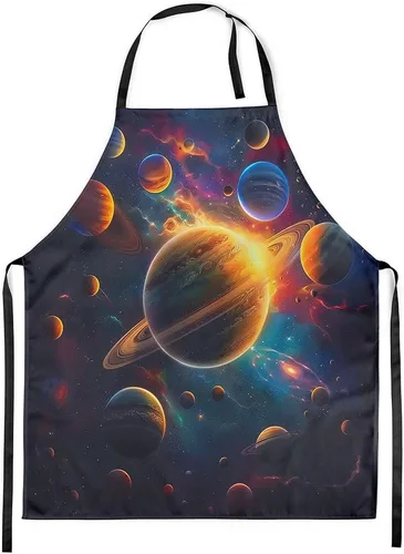 Vista 21 de Castle Fairy Delantal de cocina Alien UFO Retro Jungle Sketch Delantal Blue Black