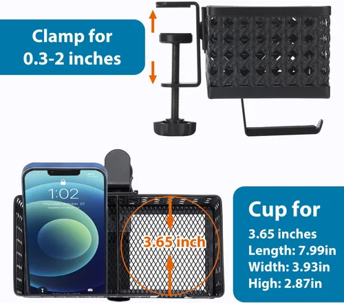Vista 6 de Soporte para tazas de escritorio, gancho con clip, soporte para bolígrafo, organizador de escritorio, soporte para lápices, soporte para teléfono