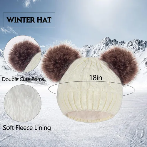 Vista 2 de 3 piezas de gorro de invierno para mujer, bufanda con pantalla táctil, gorro cálido de punto con doble pompón