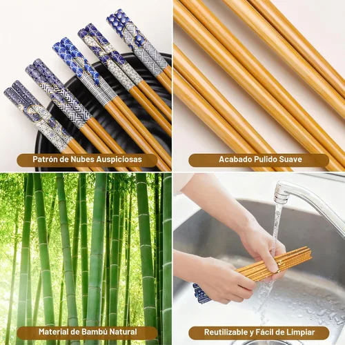 Vista 4 de Antner 5 pares de palillos de bambú reutilizables, exquisitos palillos de estilo japonés con caja negra para sushi, ramen, olla caliente y comedor