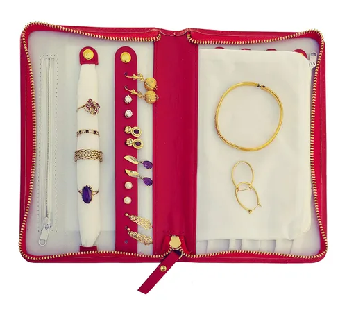 Vista 7 de Organizador de joyas de viaje compacto con cremallera completa para collares pulseras y anillos rojo