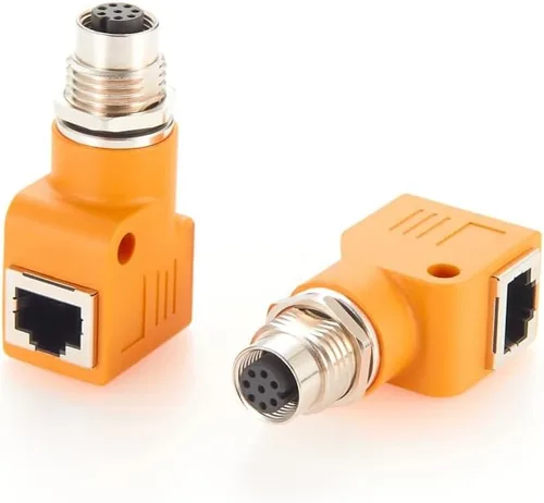Vista 4 de Elecbee Adaptador de mamparo M12 a RJ45 impermeable M12 A Código 8 Pin hembra a RJ45 Jack de ángulo recto naranja