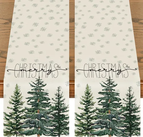 Vista 8 de Artoid Mode - Camino de mesa beige con diseño de árbol de pino y copos de nieve, «Feliz Navidad», decoración de mesa de comedor para fiestas