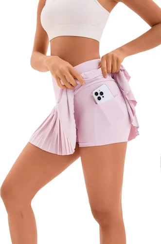 Vista 8 de Yknktstc Falda plisada de tenis para mujer con pantalones cortos, falda de golf de cintura alta, falda deportiva mini con bolsillos