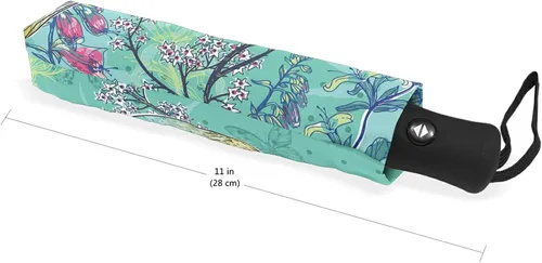 Vista 5 de Paraguas plegable con apertura automática, compacto, para lluvia, estilo vintage, retro, pájaro, floral, azul, para mujeres, hombres, niños, viajes