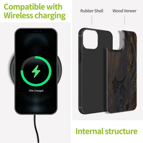 Vista 5 de Carveit Funda magnética de madera para iPhone 13 [madera natural y TPU suave] Funda protectora de madera única y elegante a prueba de golpes