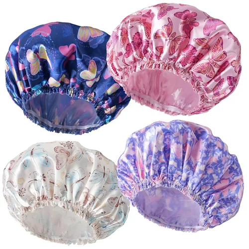 Vista 14 de 4 piezas de gorros de ducha para mujer, gorros de baño con estampado, gorro de ducha de doble capa reutilizable e impermeable, gorros de ducha