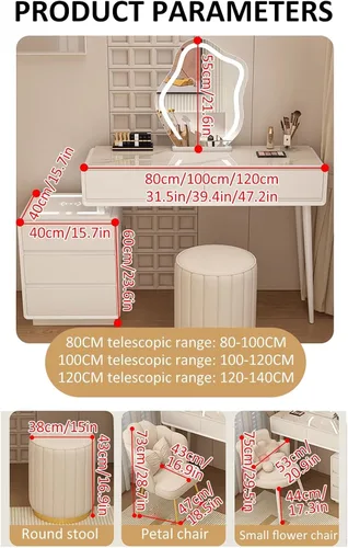 Vista 2 de Tocador con espejo con luces, mesa de tocador con cajones, mesa de maquillaje blanca, 3 modos de iluminación de brillo ajustable, para dormitorio
