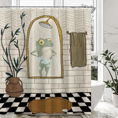 Vista 8 de Juego de cortina de ducha divertida con diseño de ranas para el baño 60x72 pulgadas, cortina de ducha retro linda con diseño de ranas, cortina