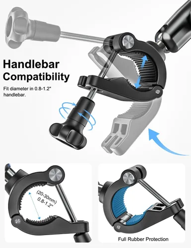 Vista 5 de Soporte para tableta de bicicleta, soporte para tableta de motocicleta con brazo de metal, abrazadera de bicicleta con ajuste de 360 grados