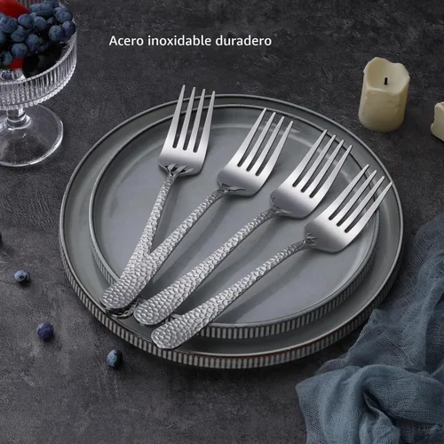 Vista 2 de E-far Tenedores de Servir Martilleados, Juego de 4 Piezas de Utensilios de Acero Inoxidable para Anfitriona, Ideales para Carne, Catering, Buffet