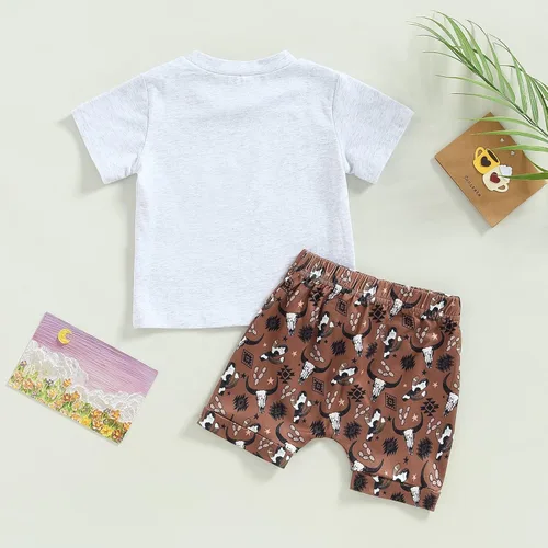Vista 6 de Ropa de verano para bebé niño y niña, traje de mamá y hombre pequeño, camiseta de vaca y conjunto corto de vaquero para niño pequeño
