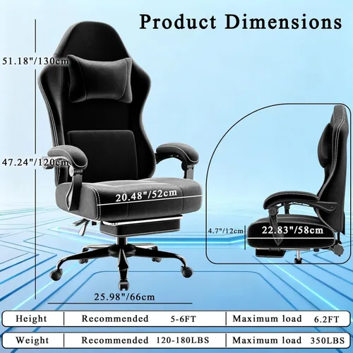Vista 2 de Ergonomic Gaming Chair with Massage Lumbar Support and Footrest Height Adjustable Fabric Computer Chair with Pocket Spring Cushion for Video Game