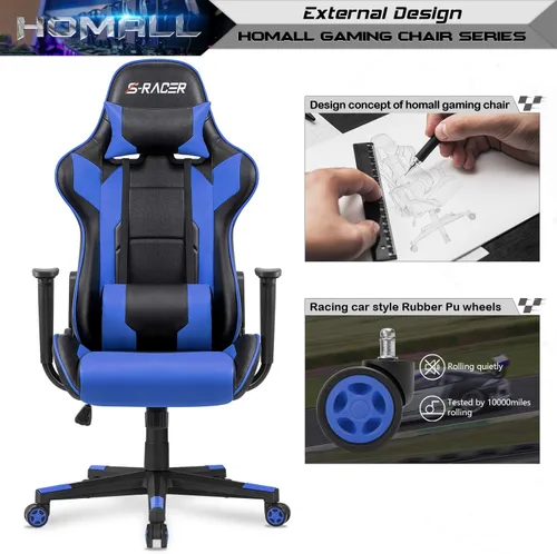 Vista 6 de Homall Silla Gaming, Silla de Oficina Respaldo Alto Silla de Computadora de Cuero Silla de Escritorio Racing Ejecutiva Ergonómica Ajustable Azul
