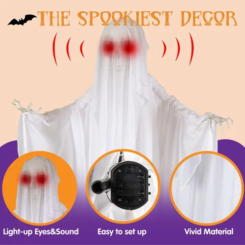 Vista 2 de JOYIN Decoraciones de Halloween de 67 pulgadas para exteriores, decoración de fantasmas animatrónicos de tamaño real, esqueleto activado por sonido