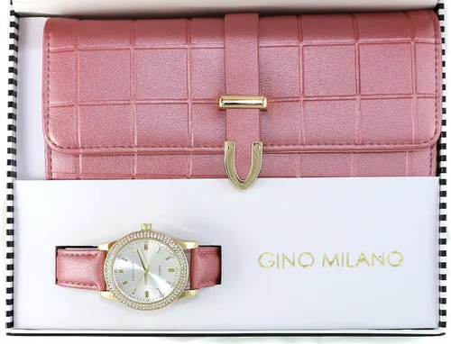 Vista 3 de Reloj de pulsera de cuero dorado para mujer y cartera de tres pliegues a juego